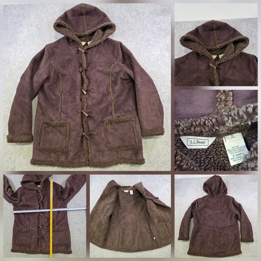 LL Bean Coat Womens XL Brown Faux Fur Lined Hooded Toggle Fleece Parka‎ Jacket